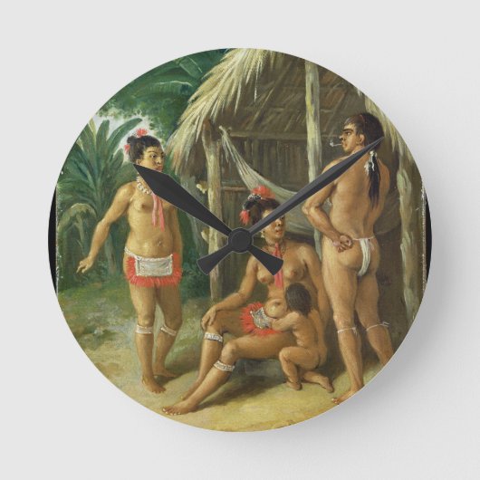 小屋、c.17の外のリーワード諸島のカリブ族家族 ラウンド壁時計 (正面)