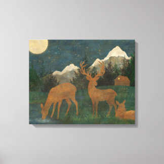 小川のほとりのシカの家族 コテージコア調の絵画 キャンバスプリント