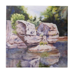 小川の岩と水絵画の小さな タイル
