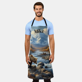 小川の水彩グリズリーベア メンズ ネイチャー エプロン