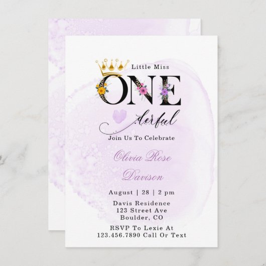 小恋しく思一ダーフル紫1歳の誕生日パーティーI 招待状 (正面/裏面)
