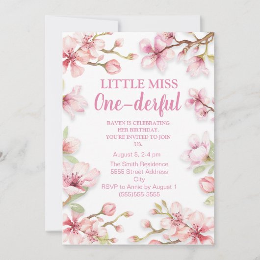 小恋しく思一ダーフル1歳の誕生日ピンクフローラ 招待状 (正面)