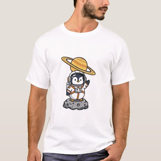 小惑星で手を振るかわいい宇宙飛行士ペンギン Tシャツ (正面)