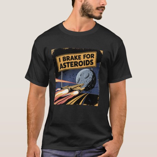 小惑星を見たらブレーキを踏む SF ユーモア スペース デザイン Tシャツ (正面)