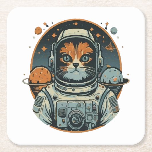 小惑星上の猫宇宙飛行士 スクエアペーパーコースター (正面)