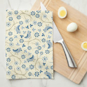 小枝に小鳥。レトロ、青い鳥、クリーム、 キッチンタオル (四つ折り)