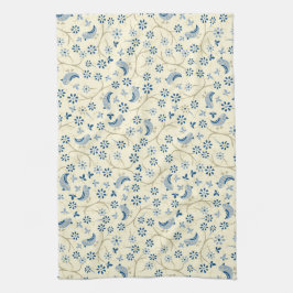 小枝に小鳥。レトロ、青い鳥、クリーム、 キッチンタオル