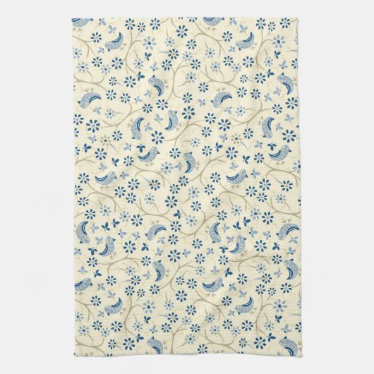 小枝に小鳥。レトロ、青い鳥、クリーム、 キッチンタオル (縦)