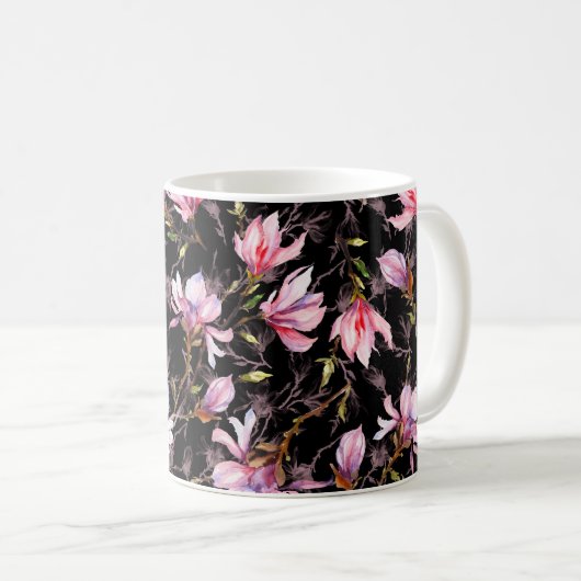 小枝の上に咲くピンクのモクレンの花 コーヒーマグカップ (正面右)