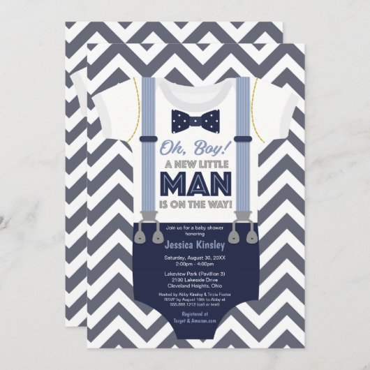 小柄な男の子のベビーシャワー招待状、ボーイ服 招待状 (正面/裏面)