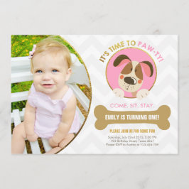 小犬の招待のピンクおよび金ゴールドの足ty 招待状