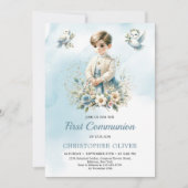 小男の子の宗教的な青い花ファースト聖餐式 招待状 (正面)