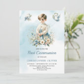 小男の子の宗教的な青い花ファースト聖餐式 招待状 (スタンド正面)