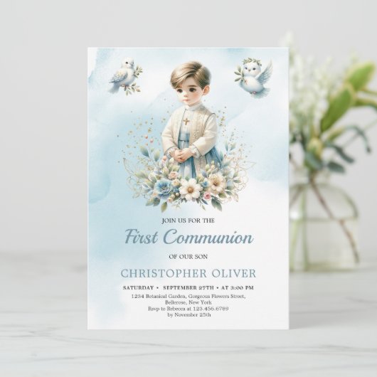 小男の子の宗教的な青い花ファースト聖餐式 招待状 (スタンド正面)