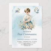 小男の子の宗教的な青い花ファースト聖餐式 招待状 (正面/裏面)