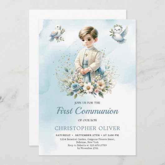 小男の子の宗教的な青い花ファースト聖餐式 招待状 (正面/裏面)