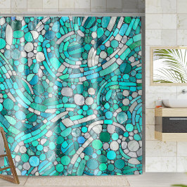 小石モザイクアート – アクアマリンとパール シャワーカーテン