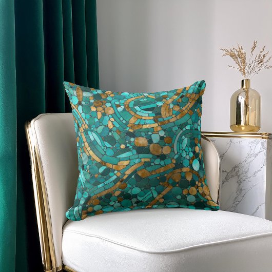 小石モザイクアート – エメラルドと金ゴールド クッション