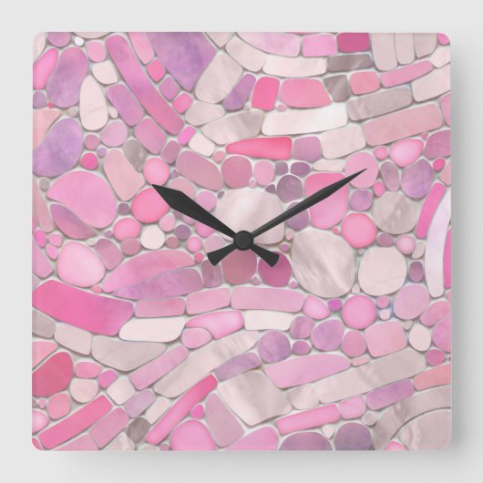 小石モザイクアート – バラ赤面ピンク スクエア壁時計 (正面)