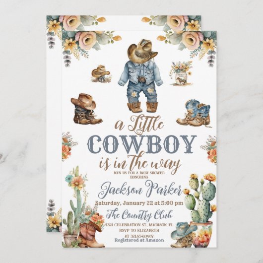 小素朴さなカウドイ野生の西の少年の赤ちゃんシャワー 招待状 (正面/裏面)