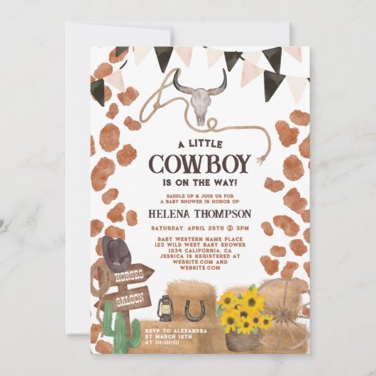 小素朴さなカウボーイ西部の牛の赤ちゃんシャワー 招待状 (正面)