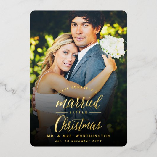 小結婚した初めてのクリスマス写真結婚の 箔シーズンカード (正面)