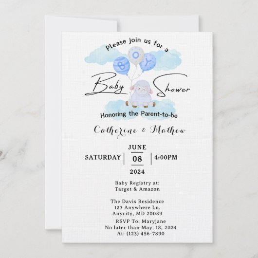 小羊が青気球で高く舞う 招待状 (正面)