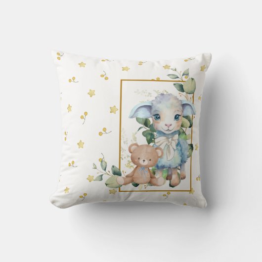 小羊 |ブルーベビーシャワーまたは子供部屋デコール クッション (正面)