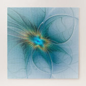 小美しい青モダン金ゴールドフラクタル花 ジグソーパズル (横)