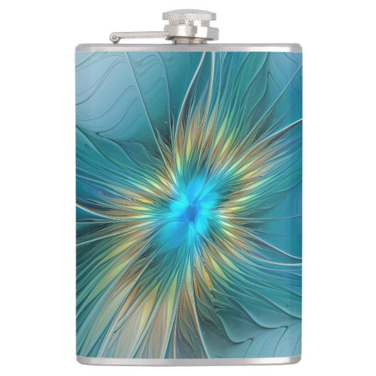 小美しい青モダン金ゴールドフラクタル花 フラスク (正面)