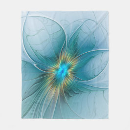 小美しい青モダン金ゴールドフラクタル花 フリースブランケット