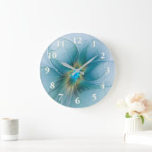 小美しい青モダン金ゴールドフラクタル花 ラージ壁時計 (ホーム)