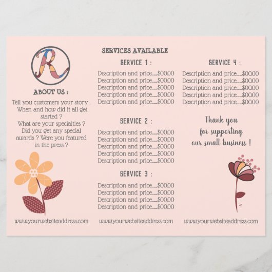 小規模企業のフローラ3つ折の価格表パンフレット (裏面)