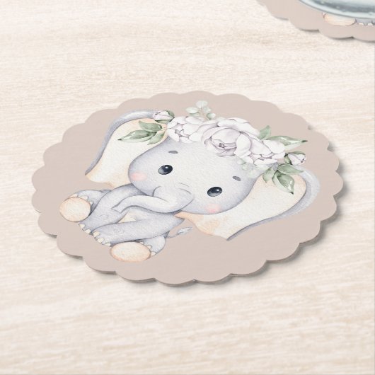 小象の水彩赤ちゃんシャワー ペーパーコースター (アングル)