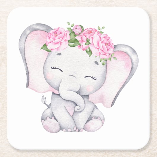 小象の赤ちゃんシャワー スクエアペーパーコースター (正面)