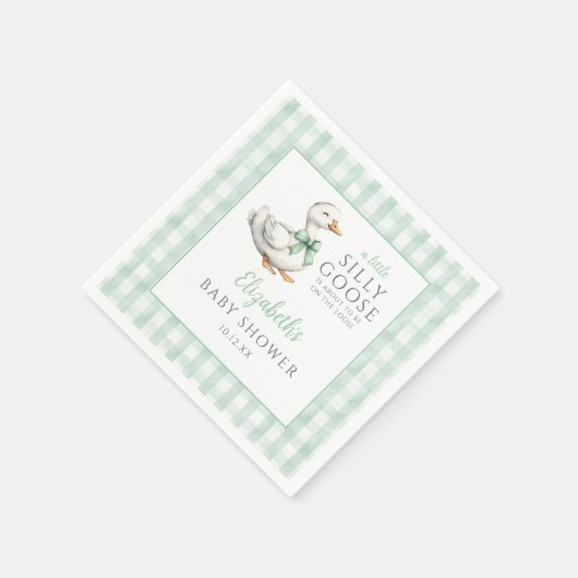 小間抜けさなガチョウ緑のギンガムベイビーシャワー スタンダードカクテルナプキン (角)