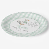 小間抜けさなガチョウ緑のギンガムベイビーシャワー ペーパープレート (アングル)