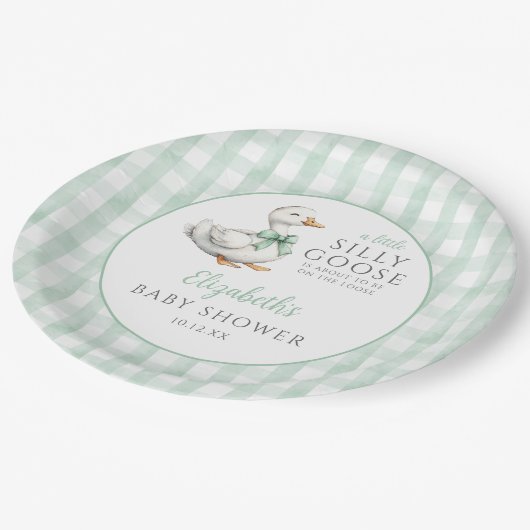小間抜けさなガチョウ緑のギンガムベイビーシャワー ペーパープレート (アングル)