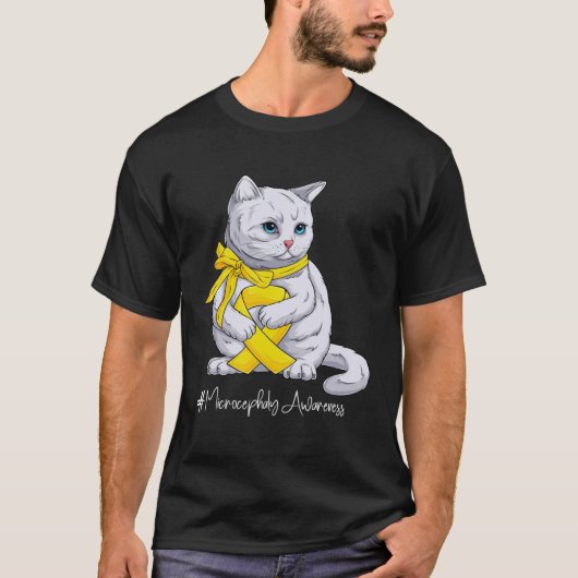 小頭症認識度月黄色いリボン猫 Tシャツ (正面)