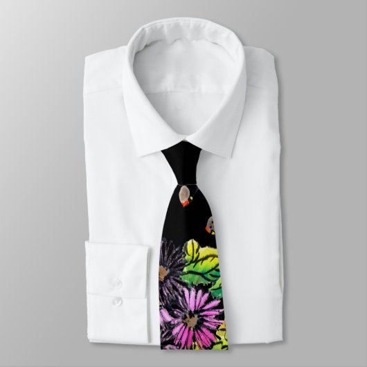 小鳥と花の浮世絵風柄アート ネクタイ (タイ)