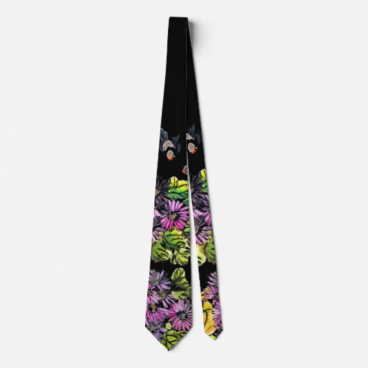 小鳥と花の浮世絵風柄アート ネクタイ (正面)