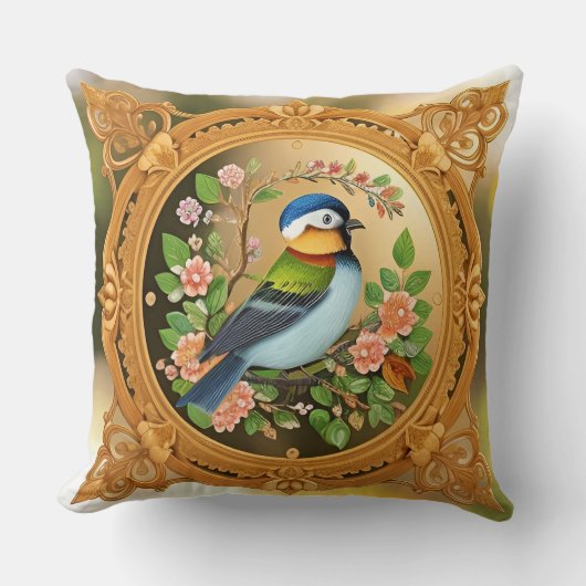 🐦 小鳥のクッションカバー 花の枝 家庭のアクセント クッション (正面)