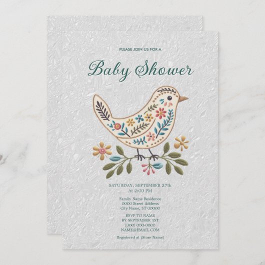 小鳥のフローラカラフルの赤ちゃんシャワー 招待状 (正面/裏面)