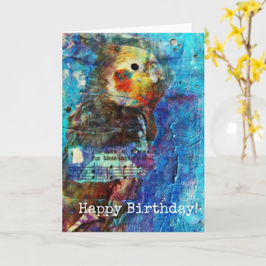 小鳥の混合メディアの誕生日 カード (黄色い花)