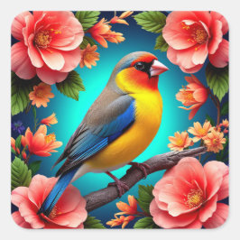 🐦 小鳥の花の止まり木 明るい庭園の自然アート スクエアシール