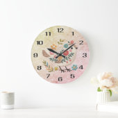 小鳥の離れ花ピンクの壁時計 ラージ壁時計 (ホーム)