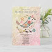小鳥の離れ花ピンクの赤ちゃんシャワー 招待状 (スタンド正面)