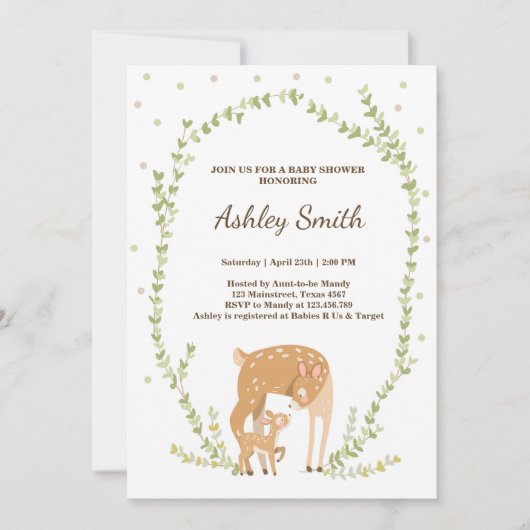 小鹿の赤ちゃんシャワー招待ウッドランド森 招待状 (正面)