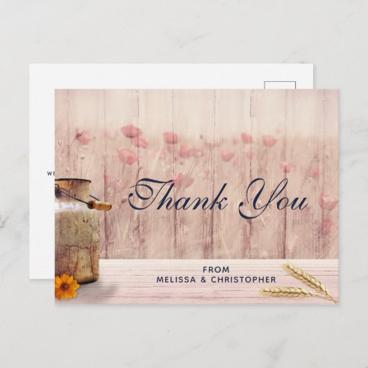 小麦と花の付いた素朴なミルク缶の感謝カード ポストカード (正面/裏面)