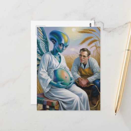 小麦の畑に翼を持つ妊娠エイリアン ポストカード (正面/裏面インサイチュ)